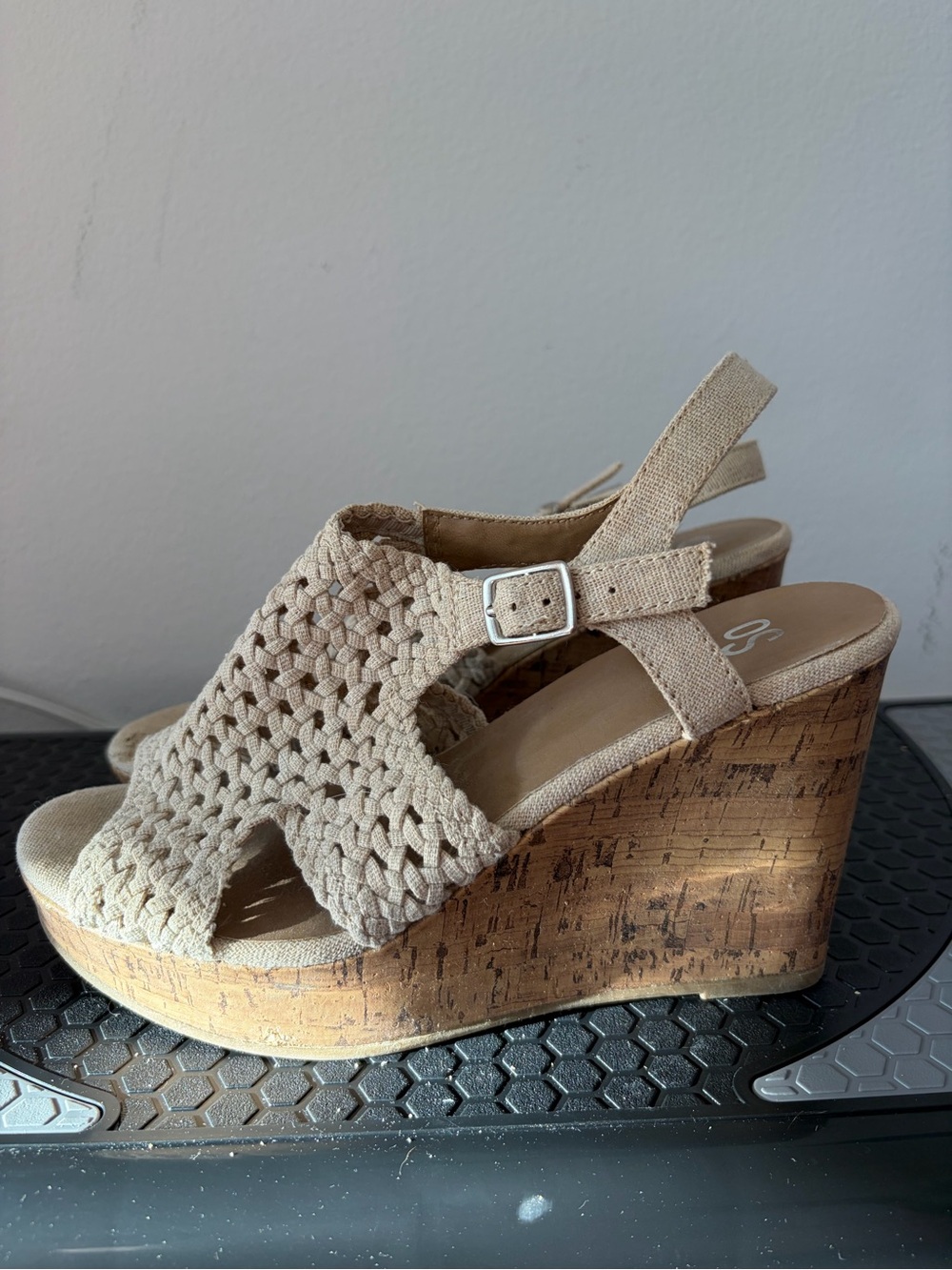 Beige Crochet Slip-On Sandals, Wedges